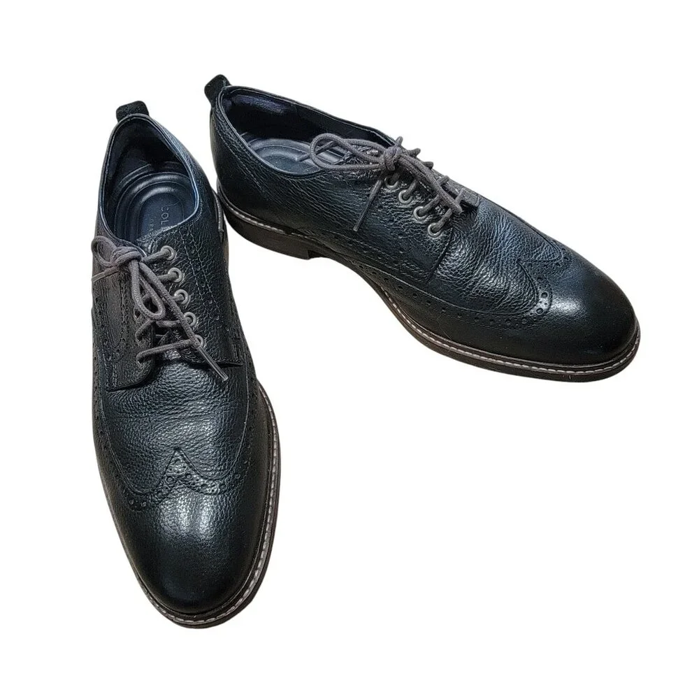 Cole Haan Grand OS Size 8 1/2 Black Leather Wingtip Oxford Shoes, Lace Tie